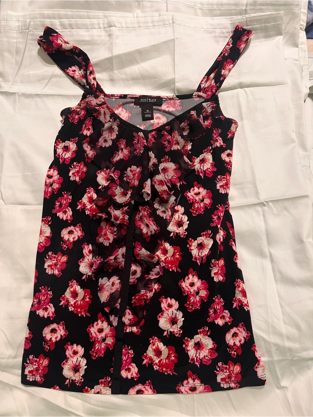 White House Black Market Floral Ruffle Tank Top Medium Black Pink